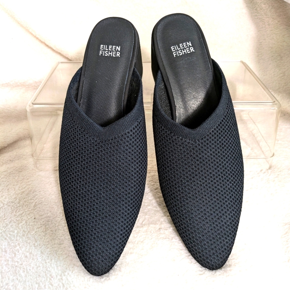Eileen Fisher Black Gest Stretch Knit Pointed Toe Block Heel Mules | Size 10 View 3